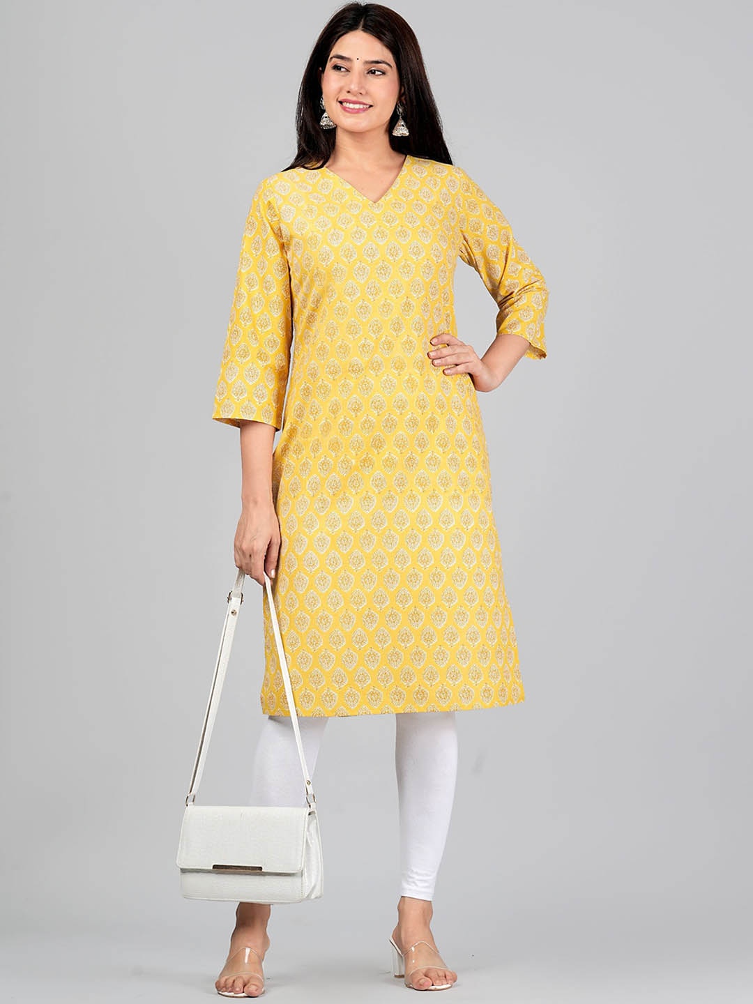 

Kraniky Apparels Floral Printed V-Neck Cotton Straight Kurta, Yellow