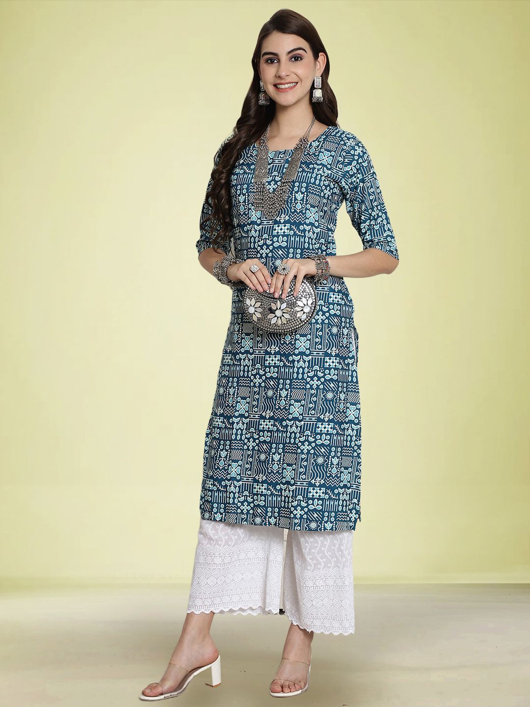

Moda Rapido Ethnic Motifs Printed Round Neck Straight Kurta, Blue