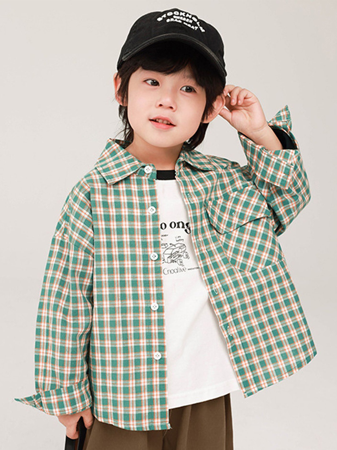 

LULU & SKY Boys Relaxed Fit Spread Collar Checked Organic Cotton Casual Shirt, Green