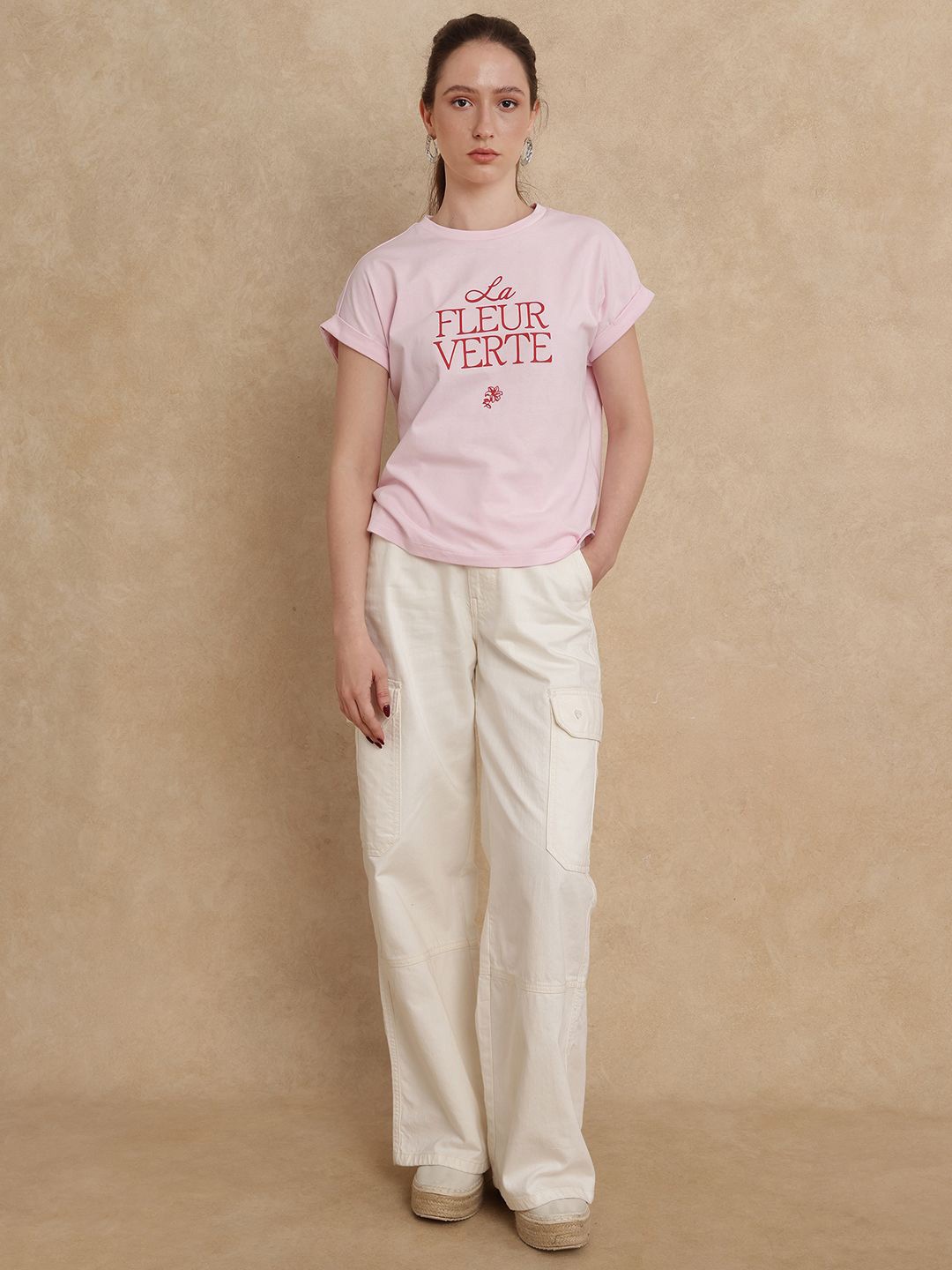 

RAREISM Women Typography Printed Round Neck Cotton T-shirt, Pink