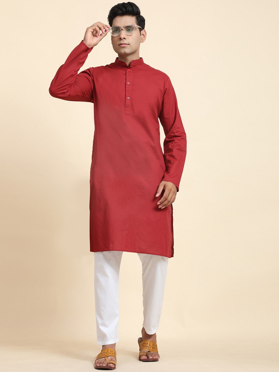 

Moda Rapido Band Collar Pure Cotton Straight Kurta, Red