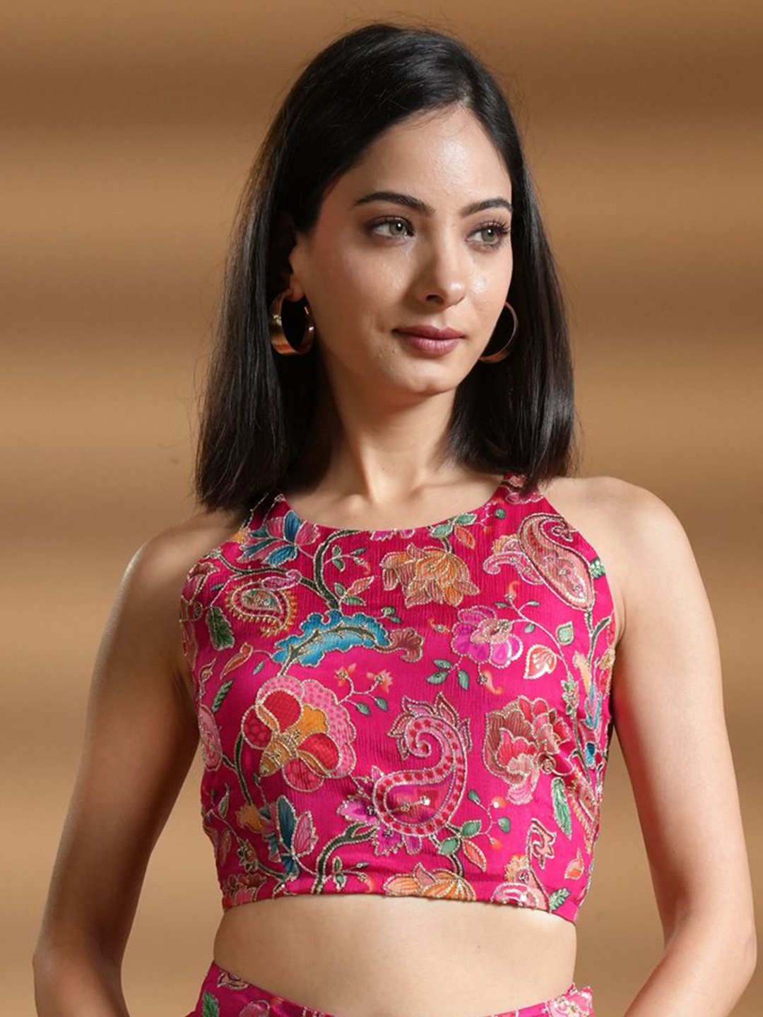 

HANDME Floral Embroidered Pure Silk Blouson Crop Top, Pink