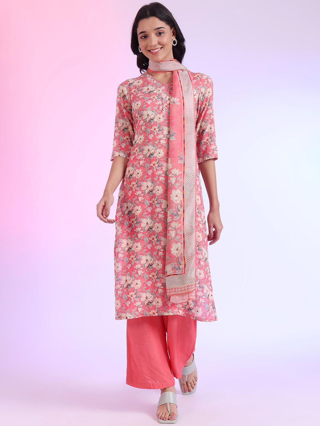 

AURELIA Floral Printed V-Neck Straight Kurta With Palazzos And Dupatta, Pink