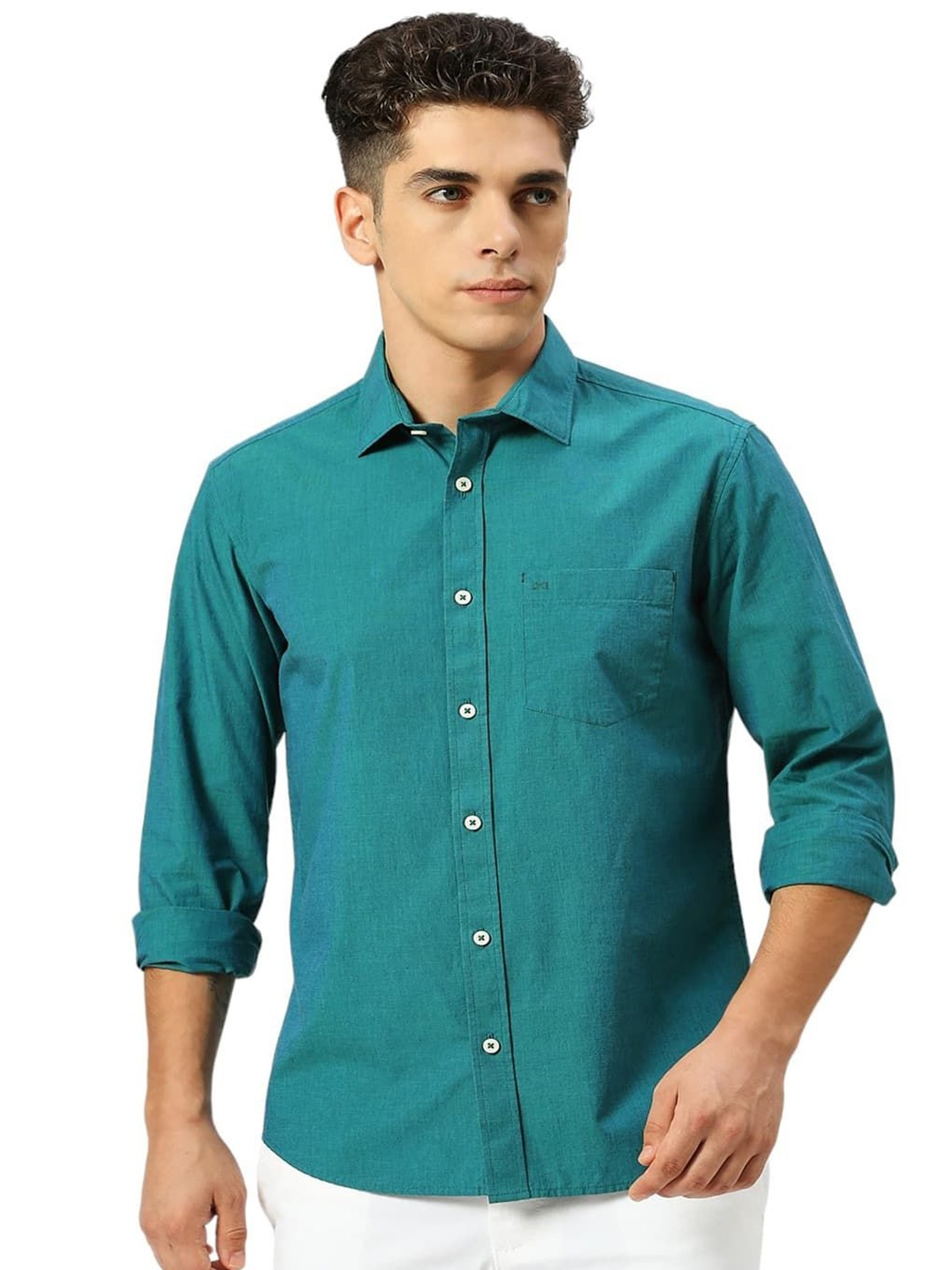 

Basics Men Slim Fit Spread Collar Solid Cotton Casual Shirt, Teal