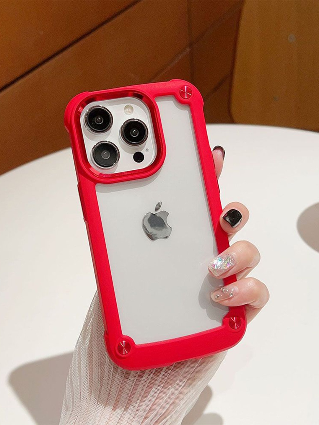 

Luxury Kase Solid Clear Armor Shockproof Acrylic Metal Button Hard iPhone 14 Pro Back Case, Red