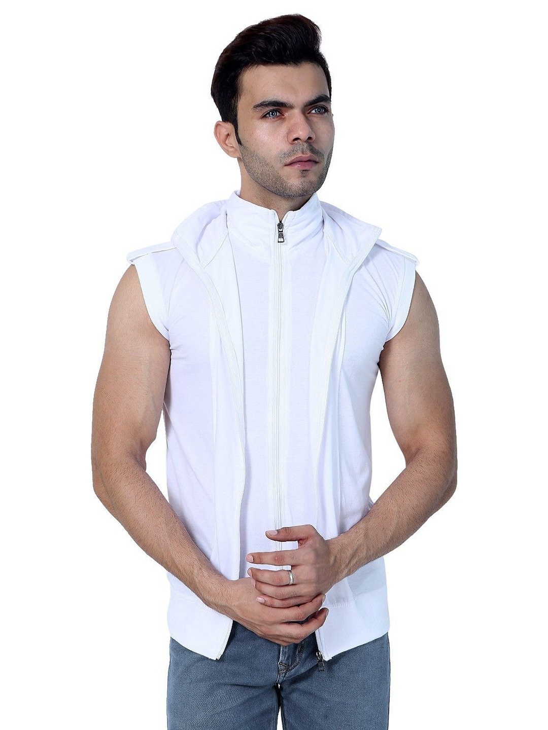 

Black Collection Solid Turtle Neck Double Zipper Sleeveless Slim Fit T-Shirt, White