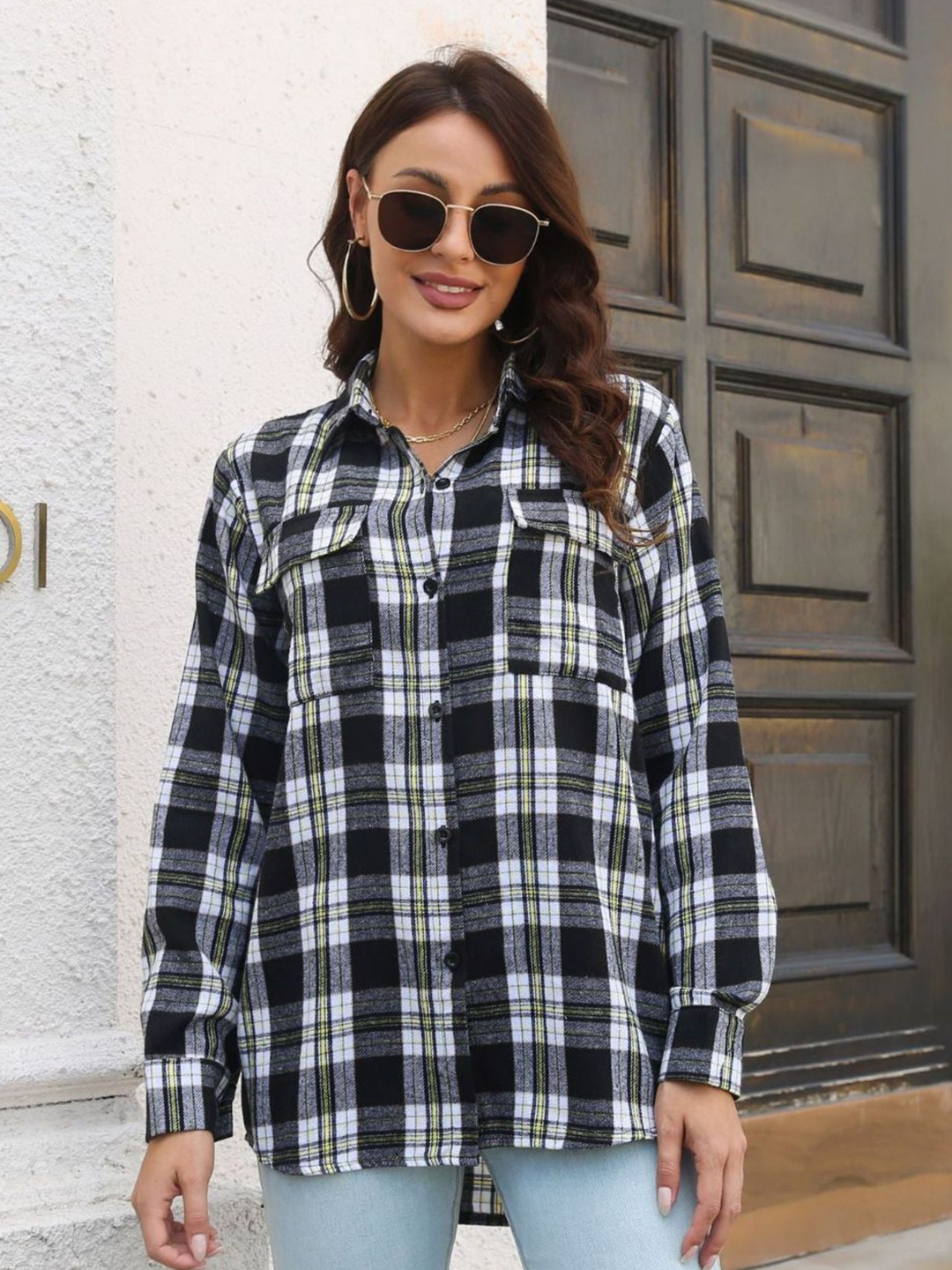 

Oh Rare Women Relaxed Fit Spread Collar Tartan Checked Casual Shirt, Black