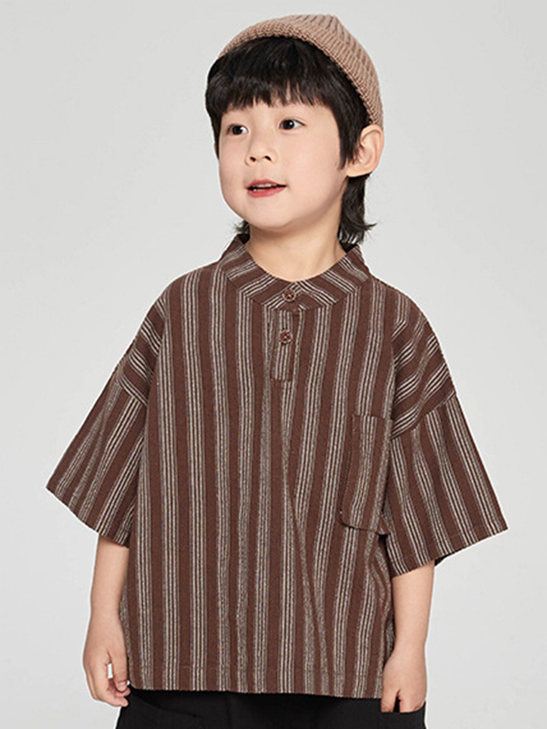 

LULU & SKY Boys Boxy Opaque Striped Casual Shirt, Brown