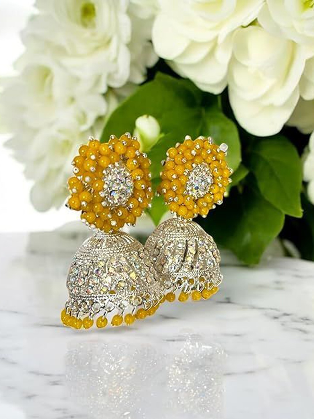 

JMBW INTERNATIONAL 925 Sterling Silver Plated Artificial Beaded Dome Shaped Jhumkas