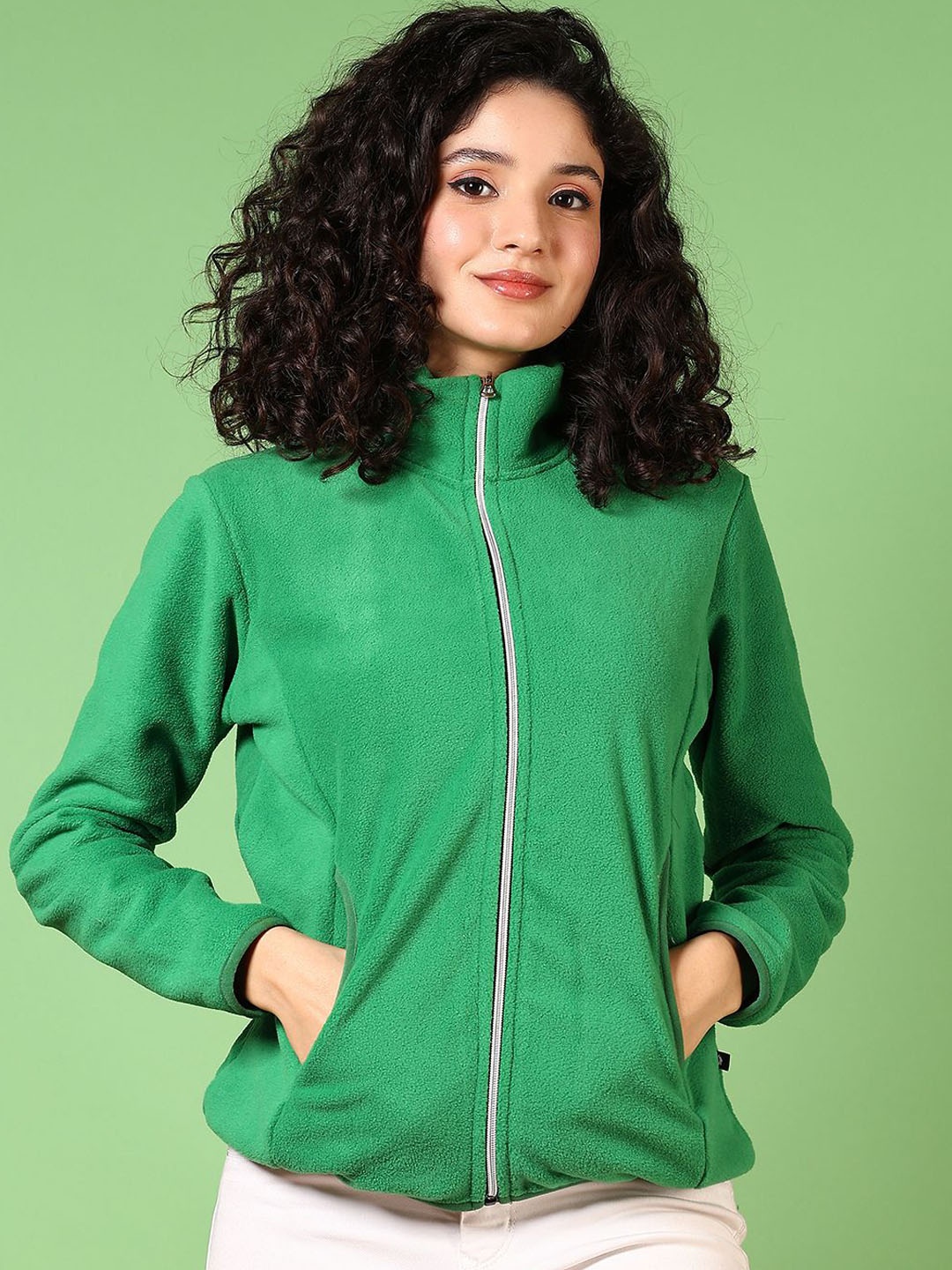 

V-Mart Women Mock Collar Solid Cotton Casual Bomber Jacket, Green