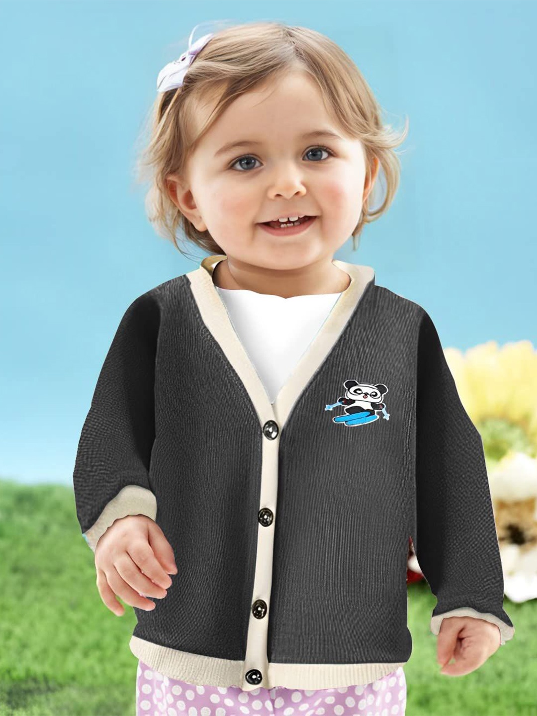 

MOMISY Kids Ribbed V-Neck Cotton Cardigan, Grey