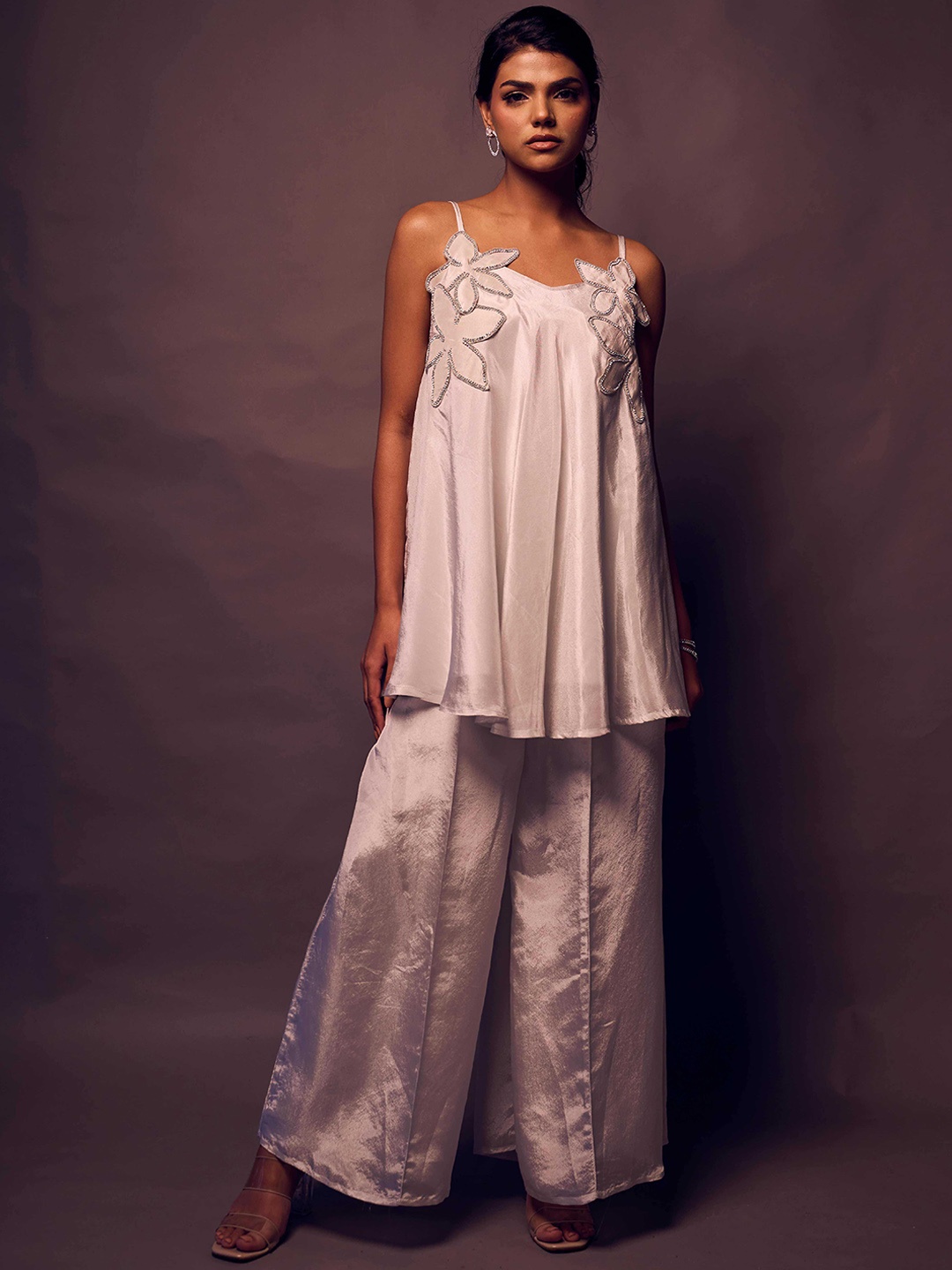 

WEAVING CULT Floral Embellished Shoulder Strap Tunic And Palazzos, Silver