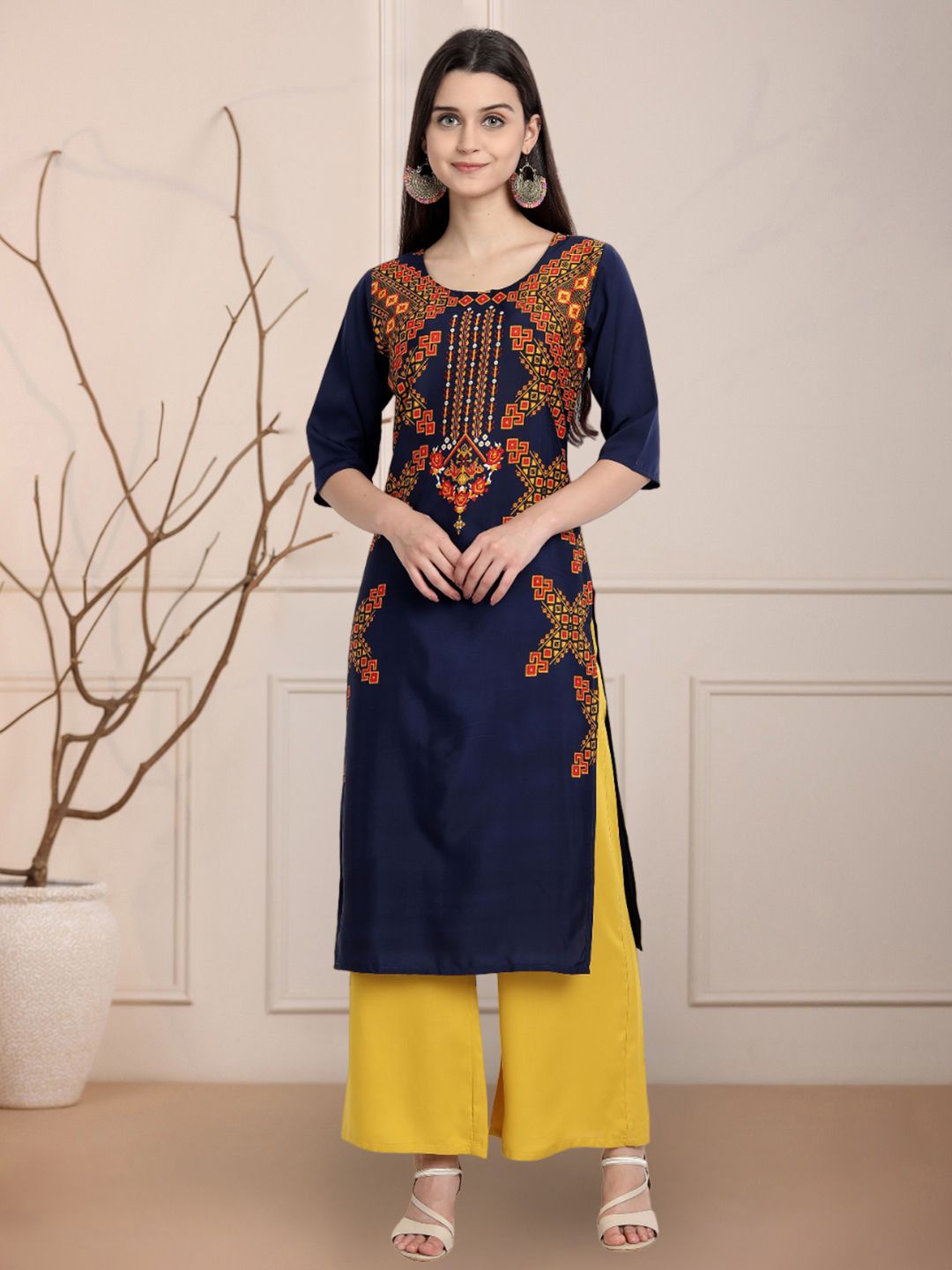 

Moda Rapido Geometric Printed Round Neck Straight Kurtas, Navy blue