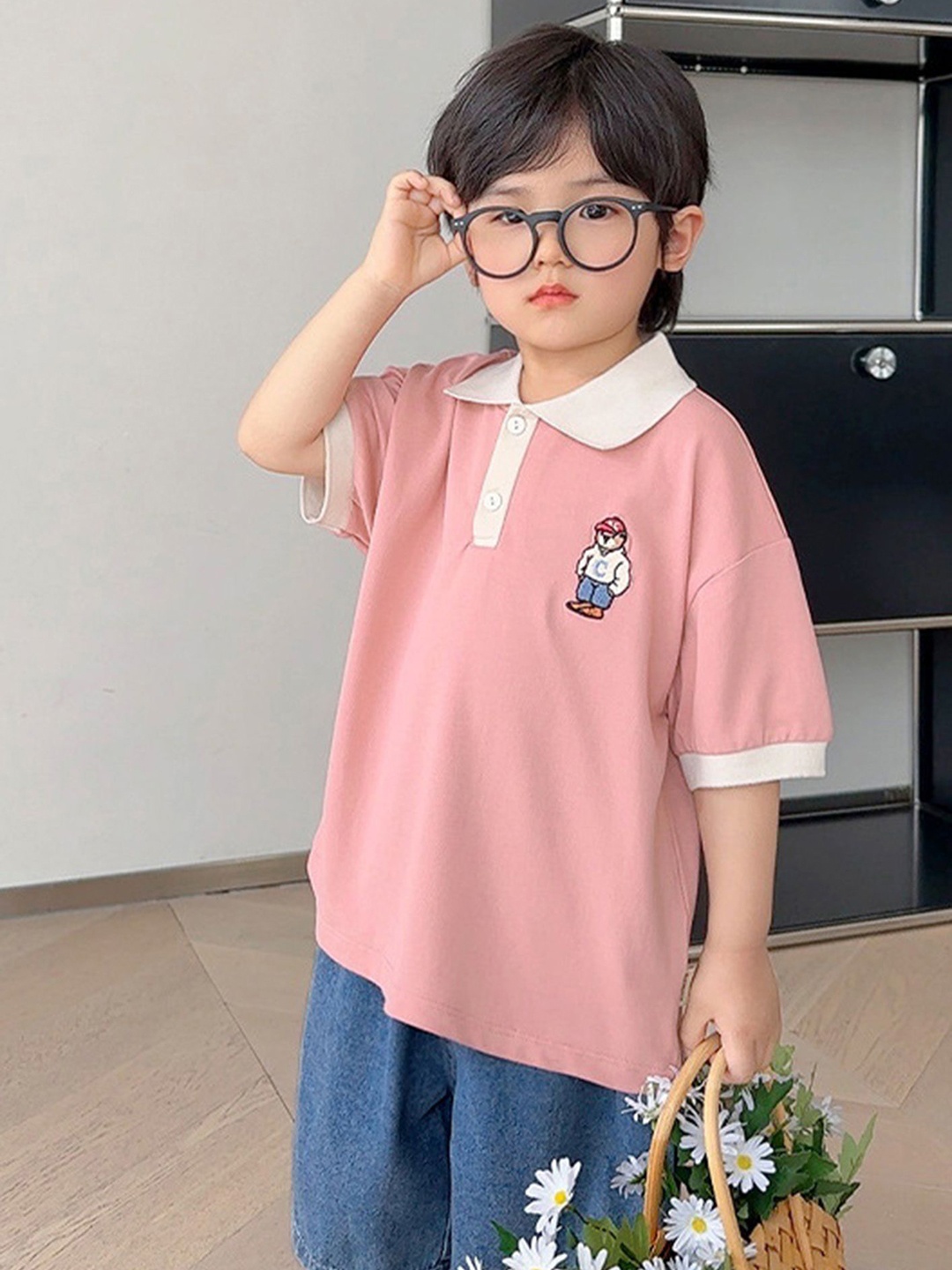 

LULU & SKY Boys Colourblocked Polo Collar Applique T-shirt, Pink