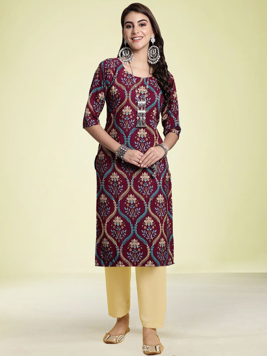 

Moda Rapido Ethnic Motifs Printed Round Neck Straight Kurta with Trouser, Maroon
