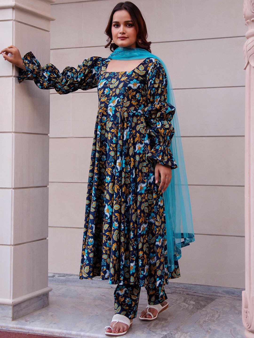 

Pomcha Floral Printed Pure Cotton Anarkali Kurta with Trousers & Dupatta, Blue