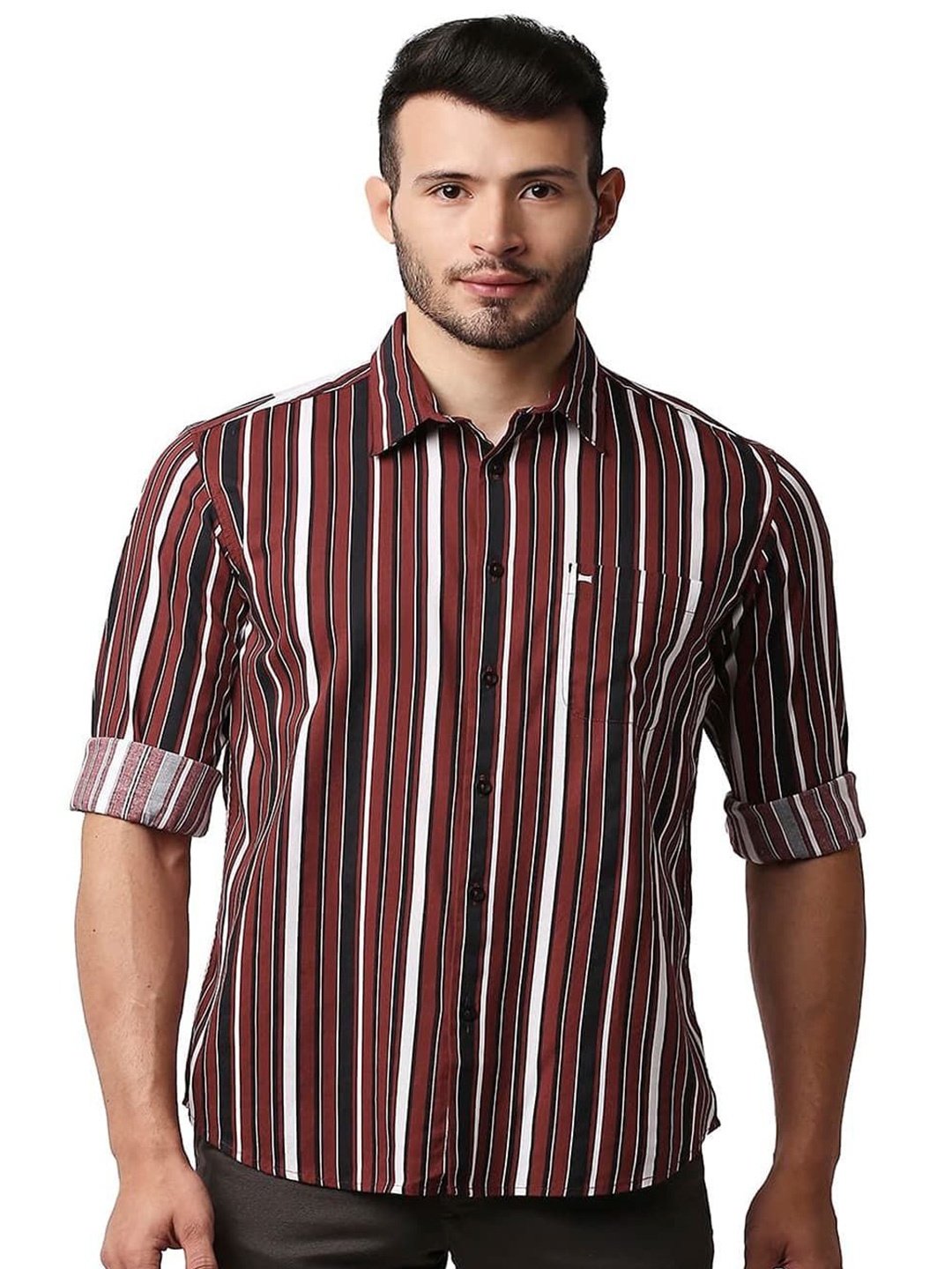 

Basics Men Slim Fit Spread Collar Vertical Striped Cotton Casual Shirt, Red