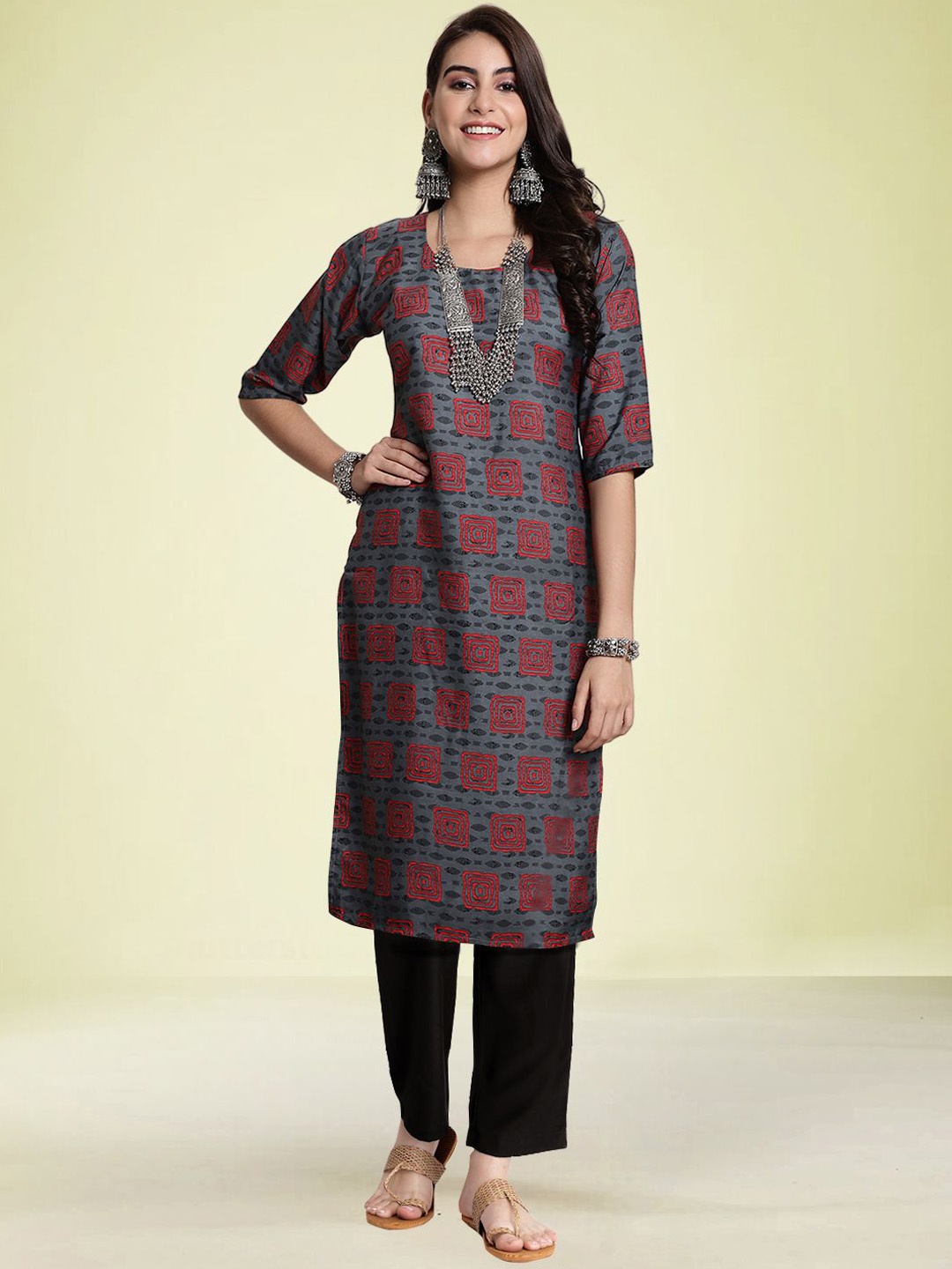 

Moda Rapido Geometric Printed Round Neck Straight Kurta with Trouser, Grey