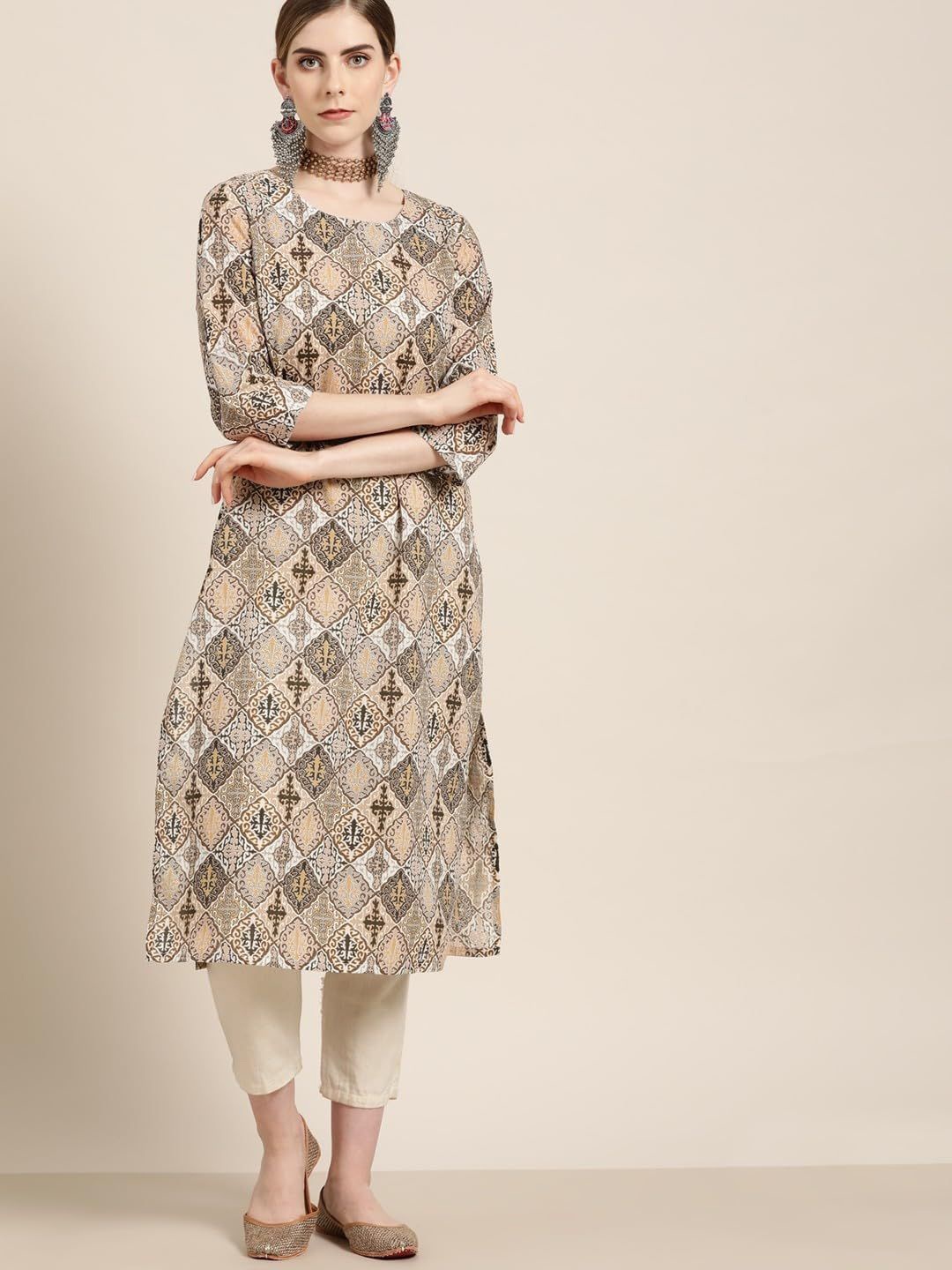 

13-Star Women Ethnic Motifs Printed Cotton Straight Kurta, Brown
