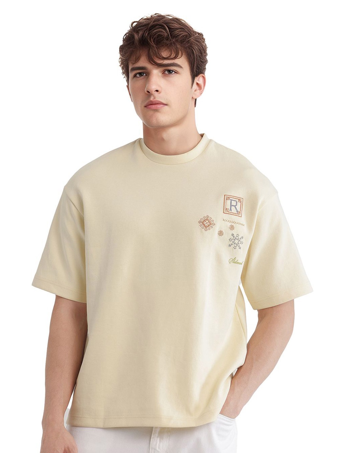 

RARE RABBIT Men Graphic Printed Round Neck Cotton Relaxed Fit T-shirt, Beige