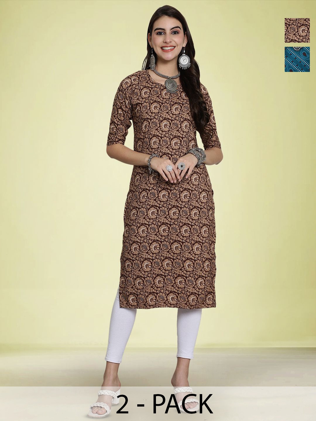 

Moda Rapido Women Pack Of 2 Printed Straight Kurta, Brown