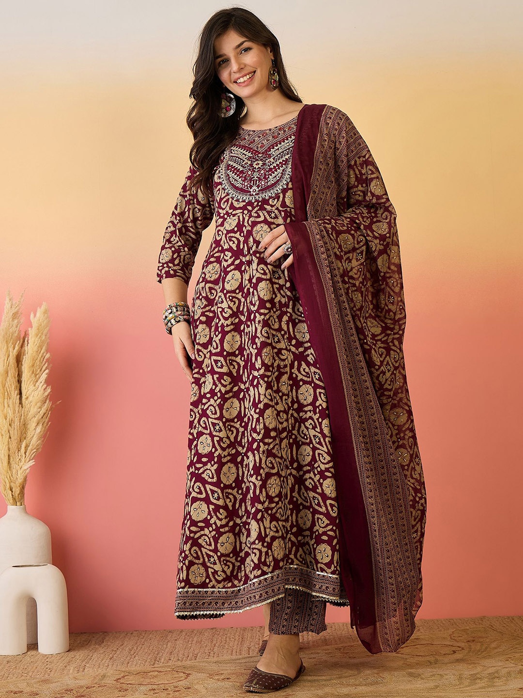 

Sangria Maroon Floral Embroidered Mirror Work Anarkali Kurta With Trouser & Dupatta