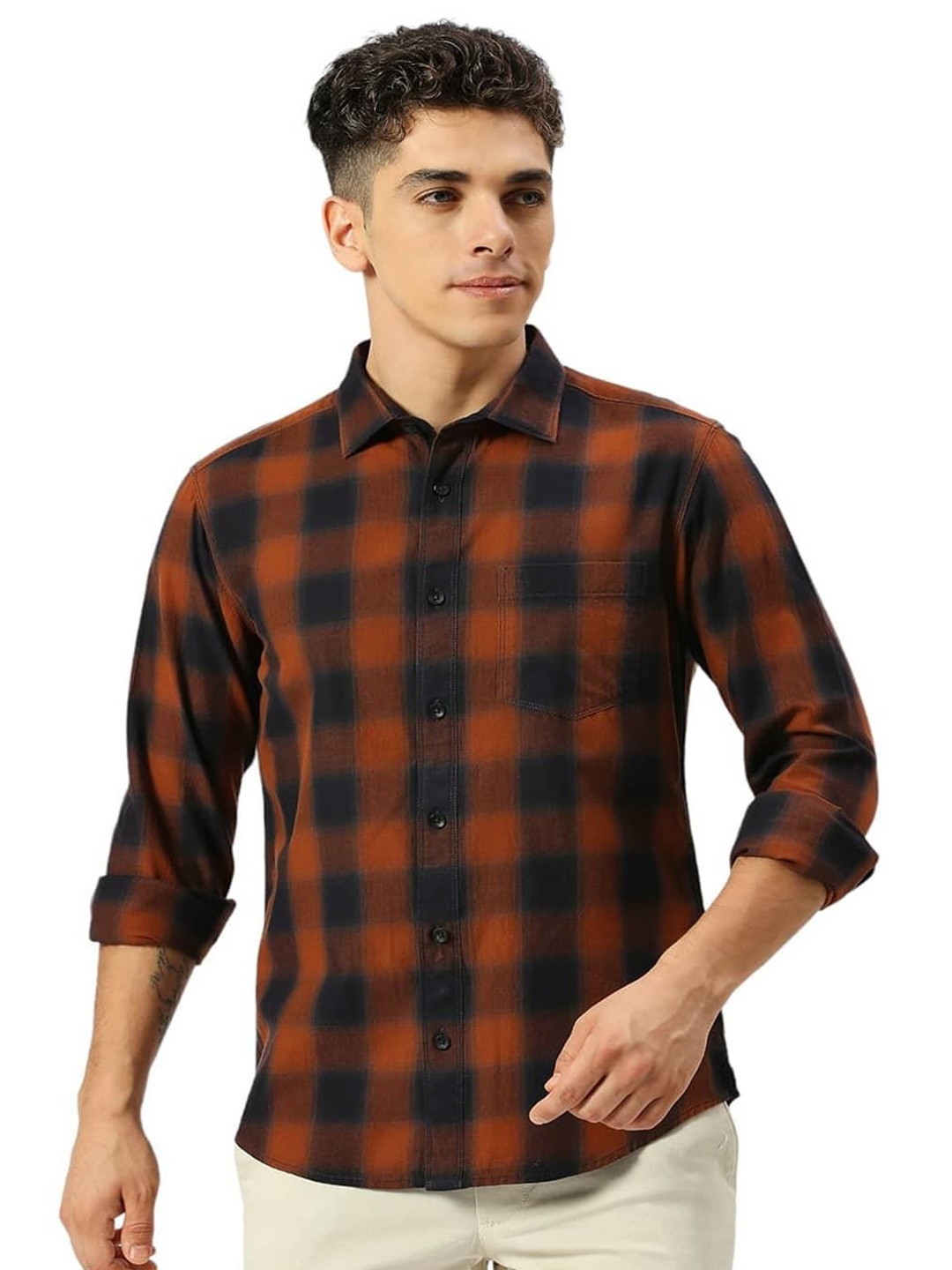 

Basics Men Slim Fit Spread Collar Buffalo Checked Cotton Casual Shirt, Brown