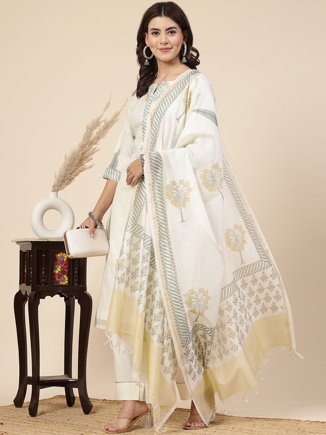 

Shangri LA MS Designs Floral Printed Chanderi Cotton Kurta With Trousers & Dupatta, Cream