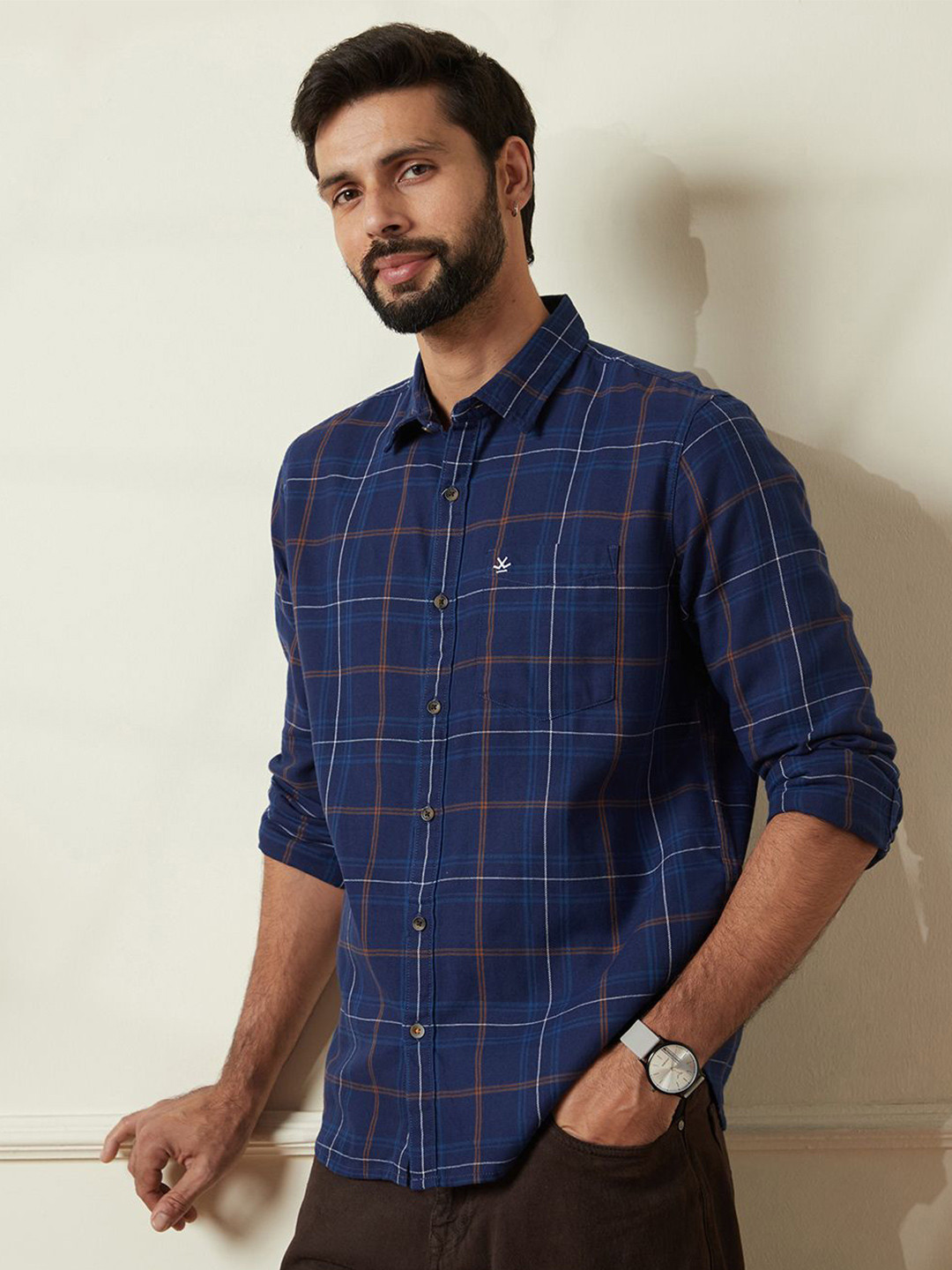 

WROGN Men Comfort Slim Fit Spread Collar Tartan Checked Cotton Casual Shirt, Blue