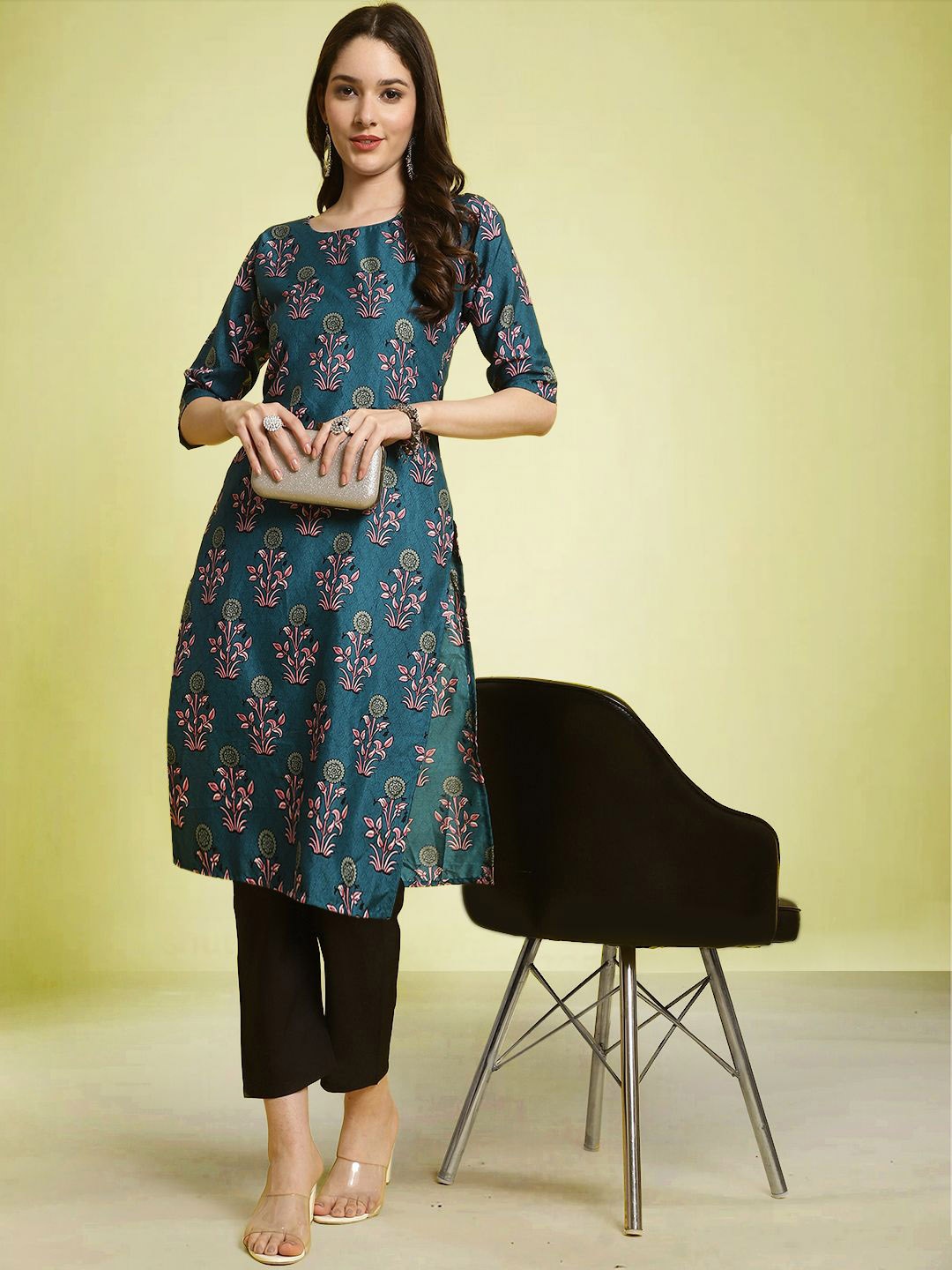 

Moda Rapido Floral Printed Round Neck Straight Kurta with Trousers, Teal