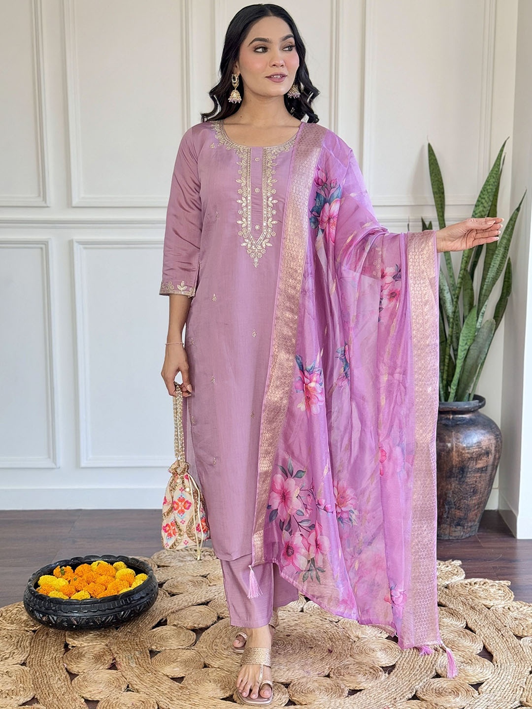 

Kurti Culture Floral Embroidered Chanderi Cotton Straight Kurta With Trouser & Dupatta, Mauve