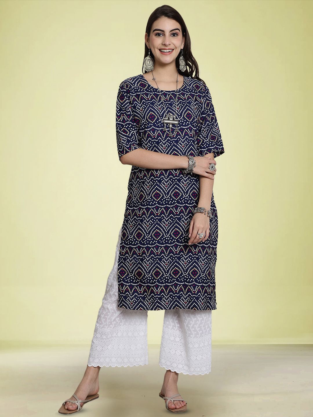 

Moda Rapido Bandhani Printed Round Neck Straight Kurta, Navy blue