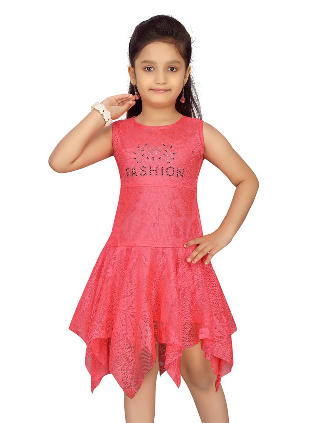 

YK Girls Round Neck Drop-Waist Dress, Red