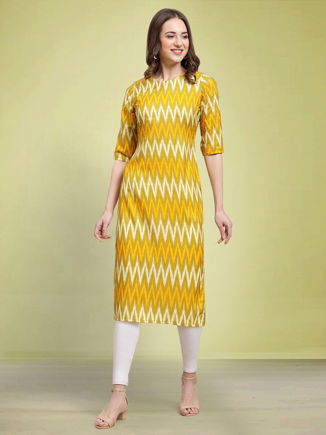 

Moda Rapido Chevron Printed Round Neck Straight Kurta, Green