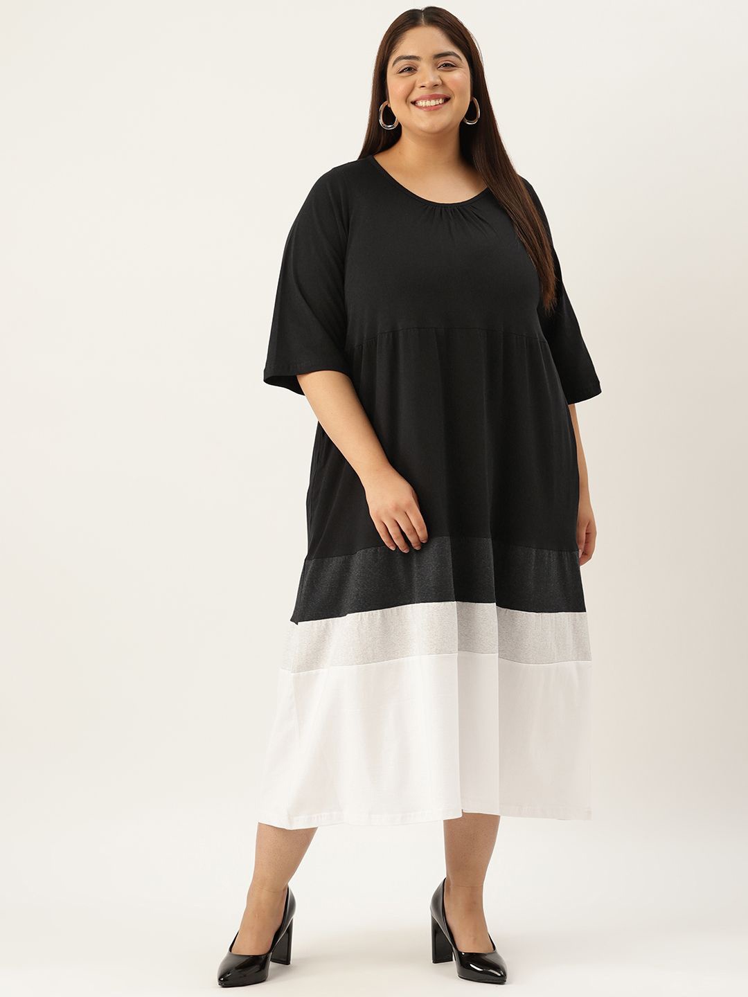 

theRebelinme Women PLus Size Colourblocked A-Line Midi Dress, Black