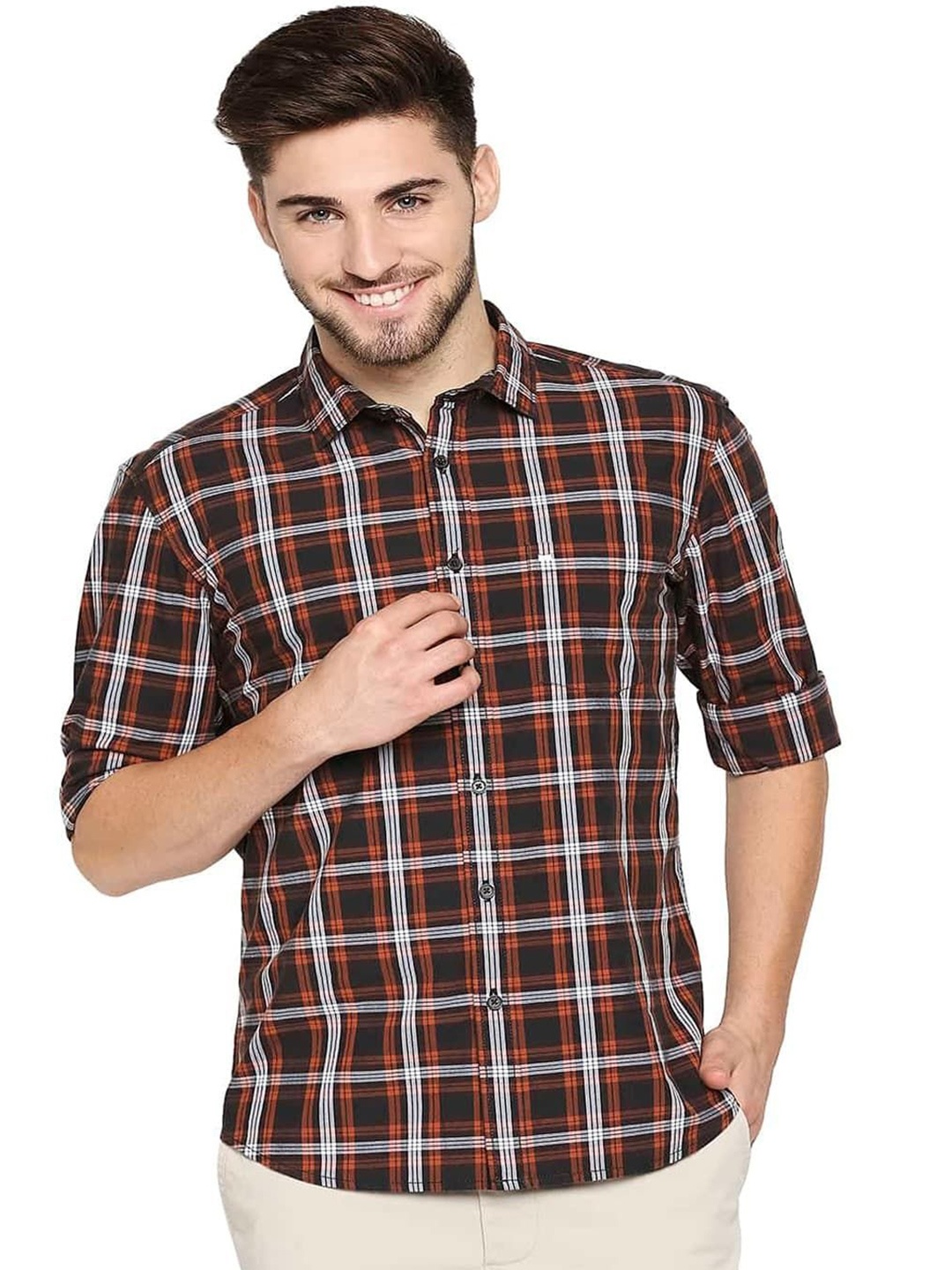 

Basics Men Slim Fit Spread Collar Tartan Checked Cotton Casual Shirt, Orange