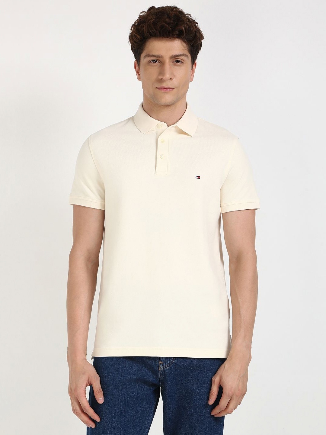 

Tommy Hilfiger Men Solid Polo Collar Organic Cotton Slim Fit T-shirt, Beige