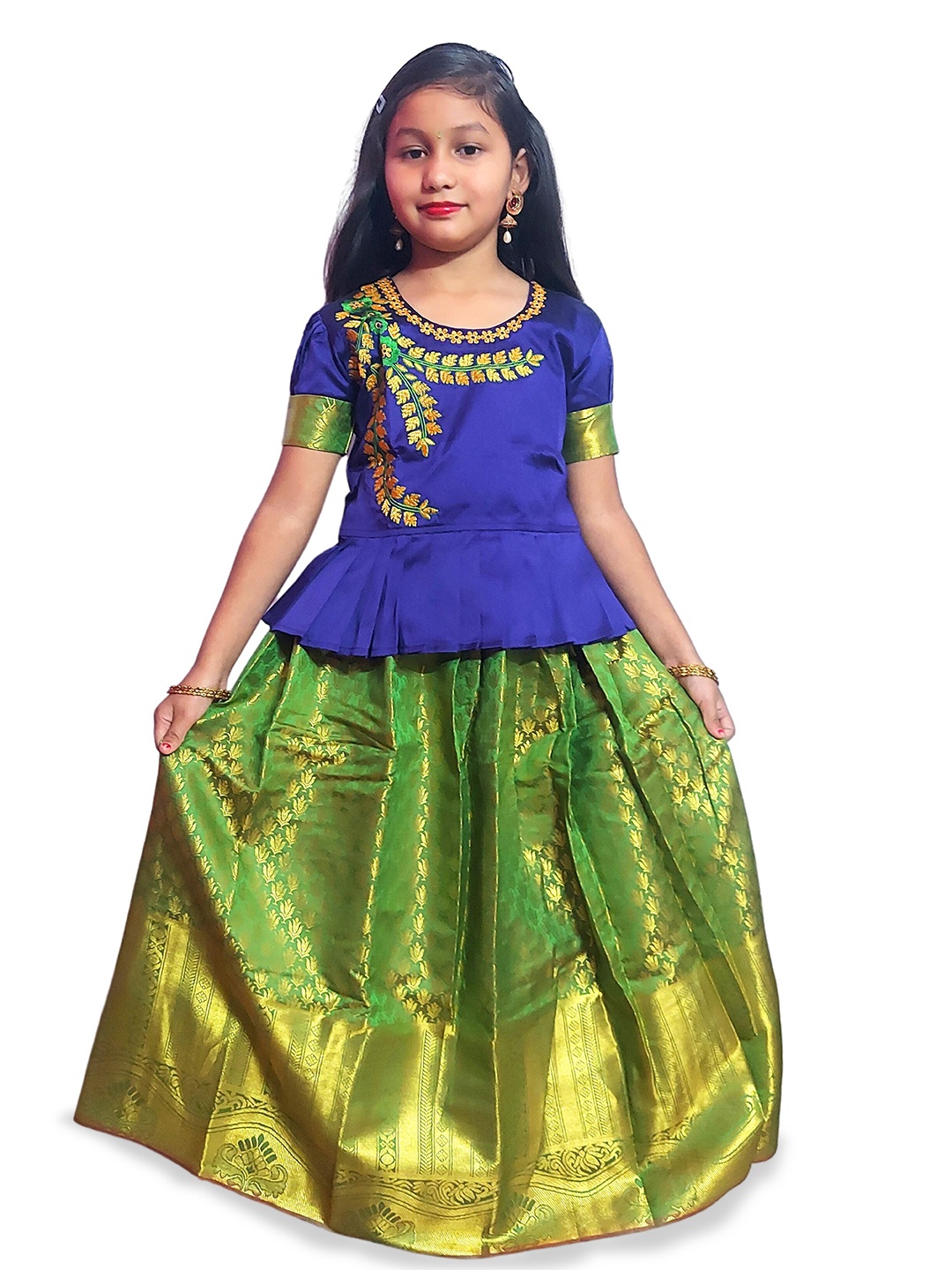 

TotzTouch Girls Embroidered Thread Work Ready to Wear Lehenga &, Green