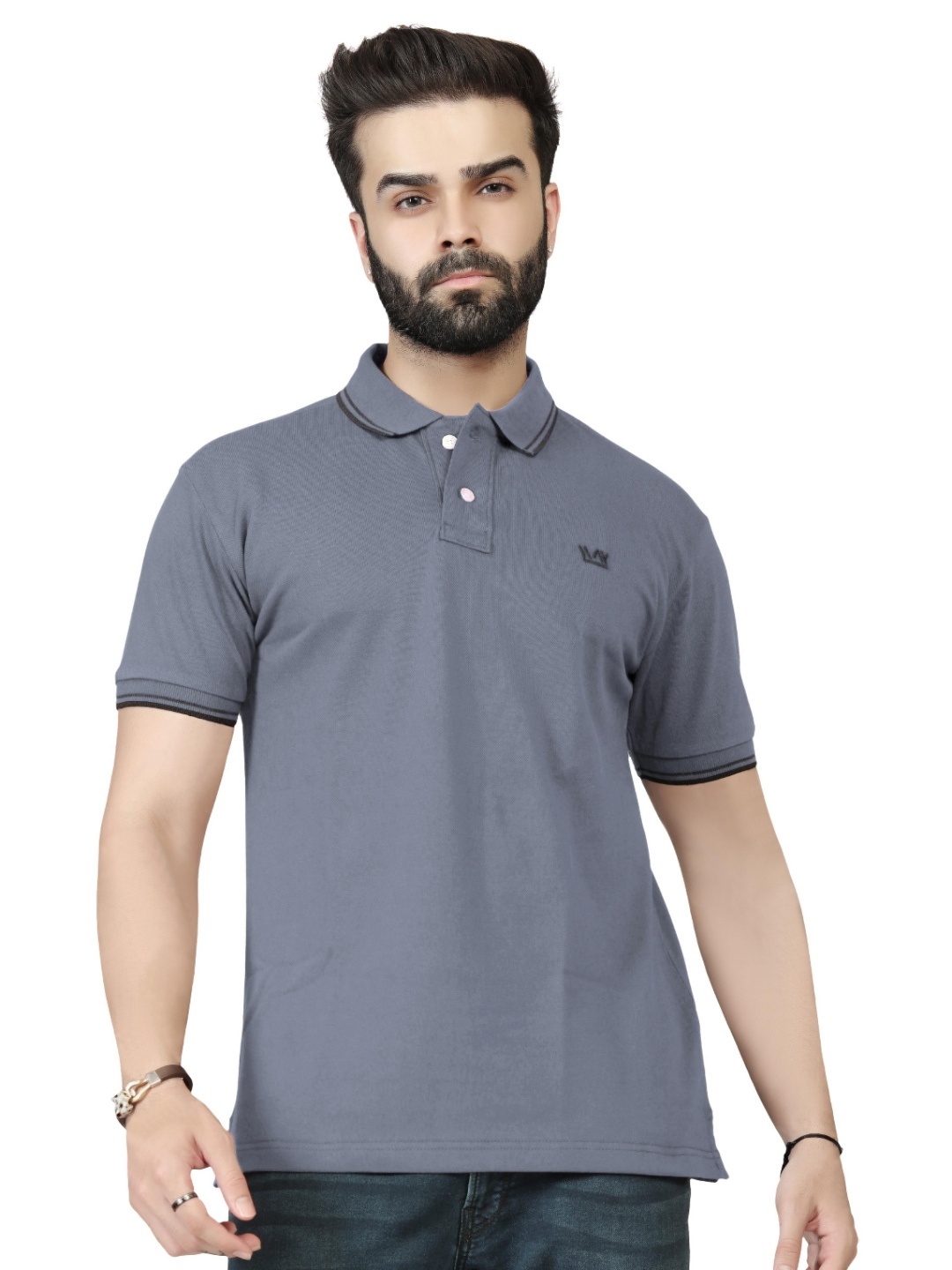

WATAY Men Solid Polo Collar Cotton T-shirt, Grey