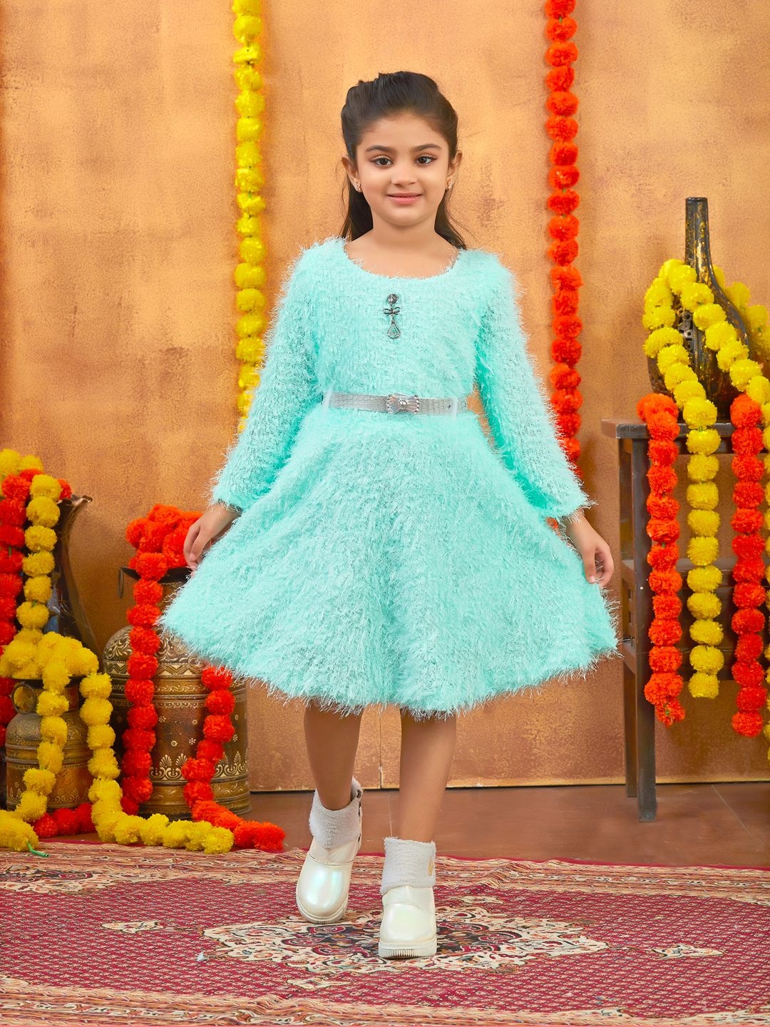 

YK Girls Woollen A-Line Dress with Belt, Sea green