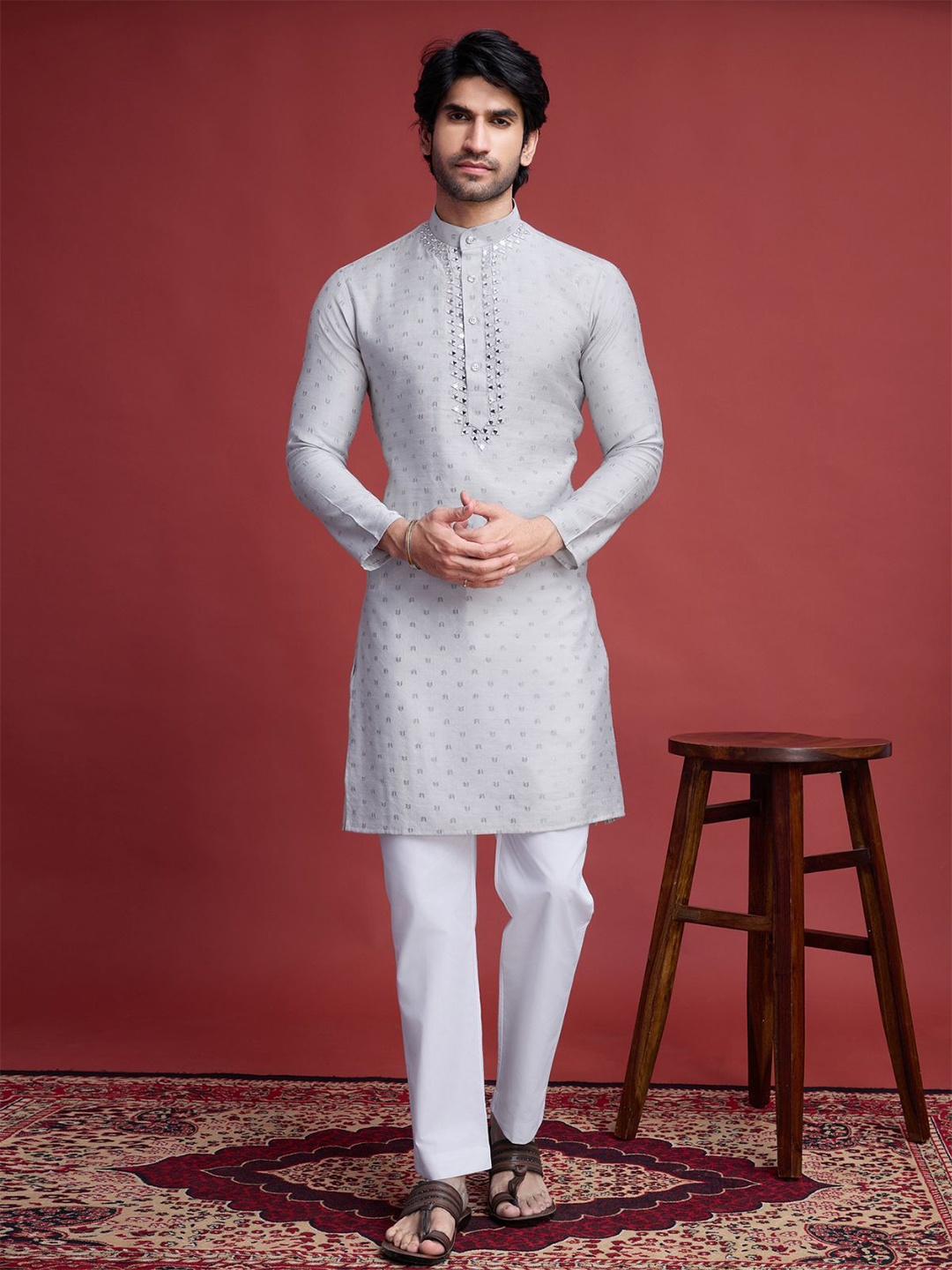 

ODETTE Men Geometric Woven Design Mirror Work Mandarin Collar Straight Kurta, Beige
