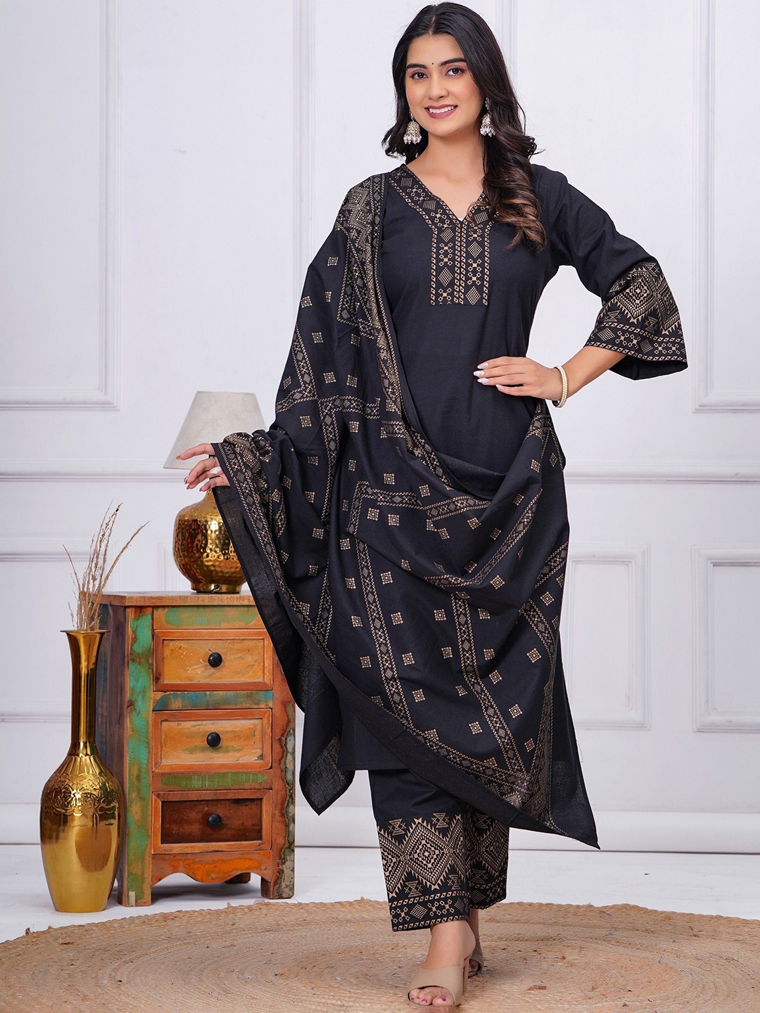 

PINGAKSH Women Floral Embroidered Pleated Pure Cotton Kurta with Sharara & With Dupatta, Black
