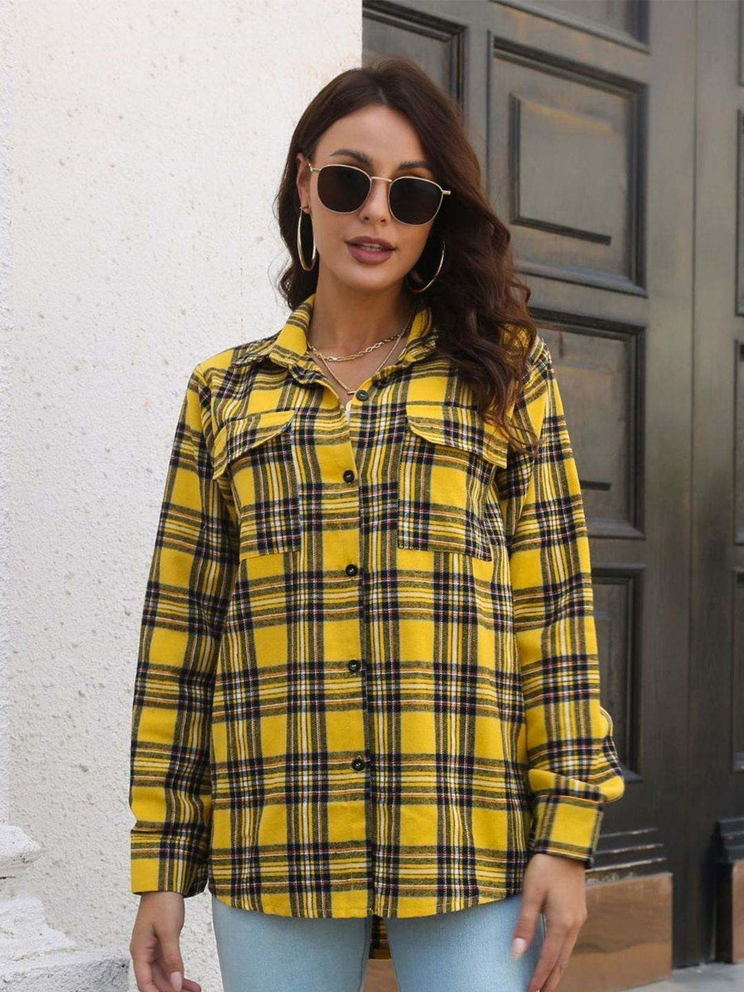 

Oh Rare Women Spread Collar Tartan Checked Casual Shirt, Yellow