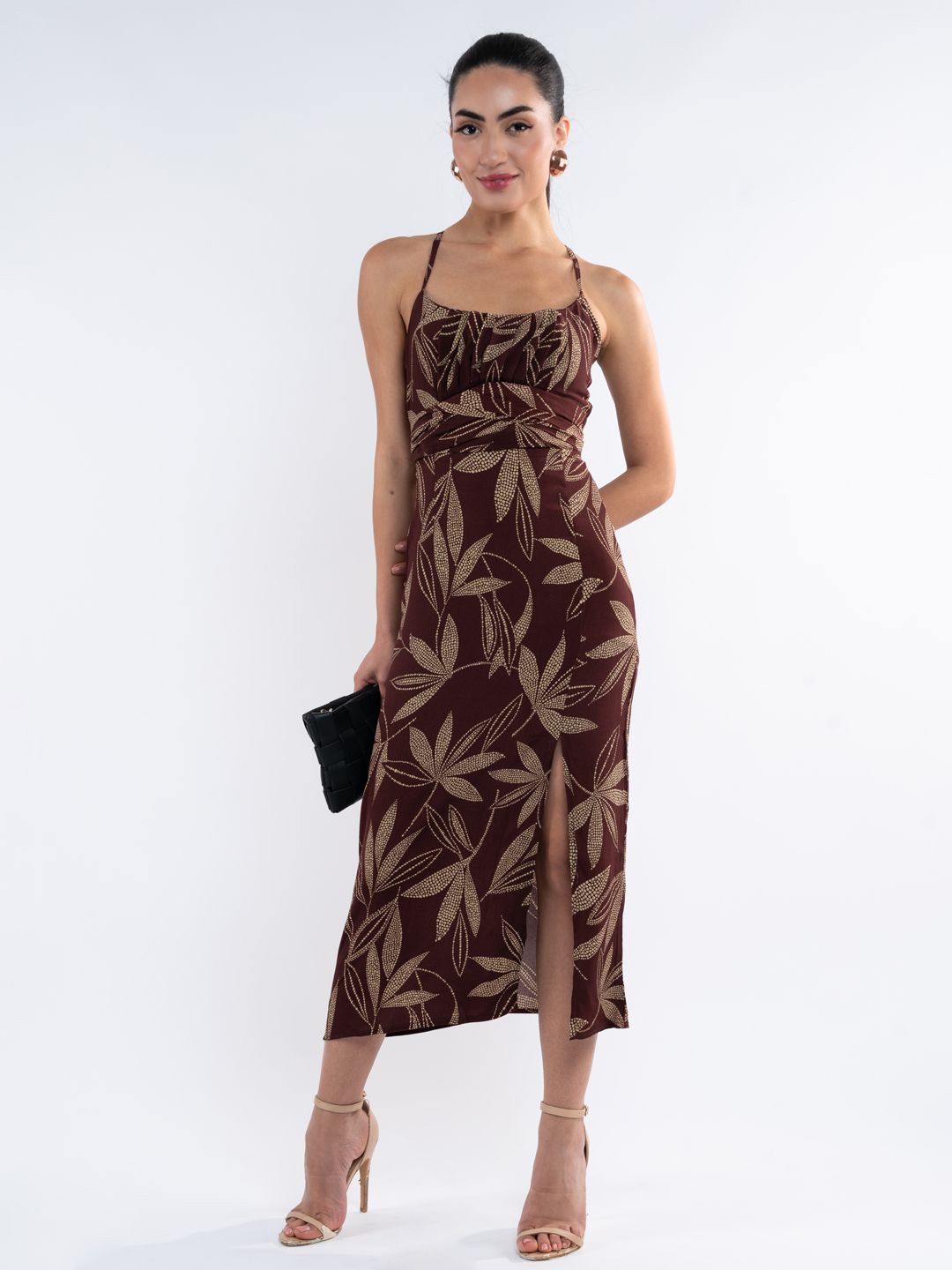 

DressBerry Tropical Print A-Line Midi Dress, Brown