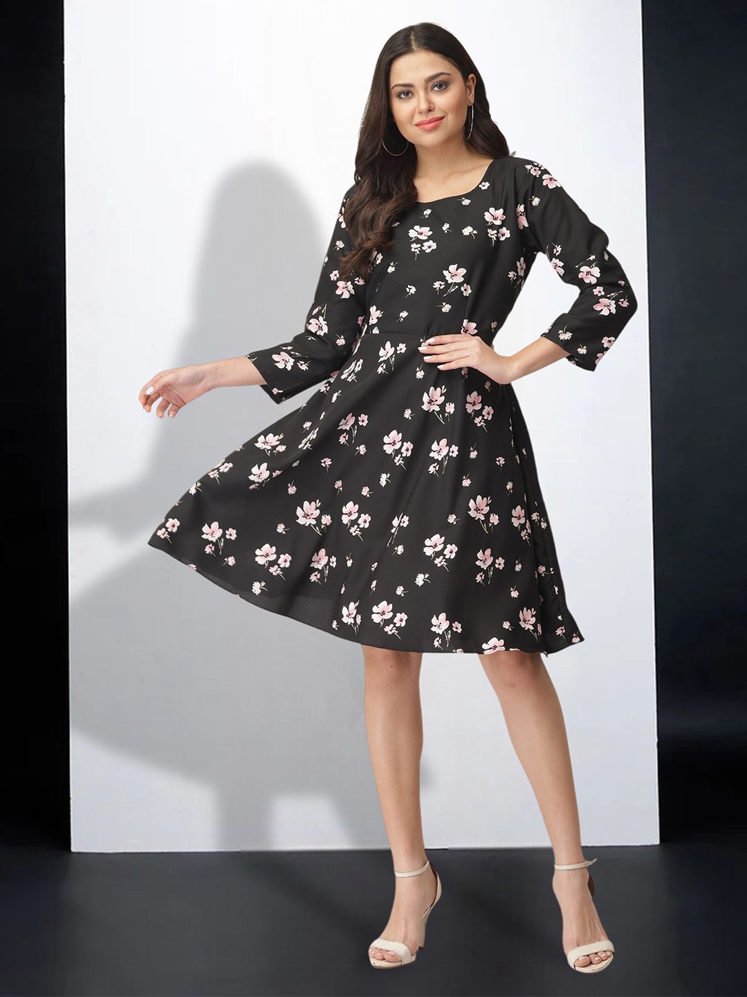 

MISS AYSE Floral Print Applique Fit & Flare Dress, Black
