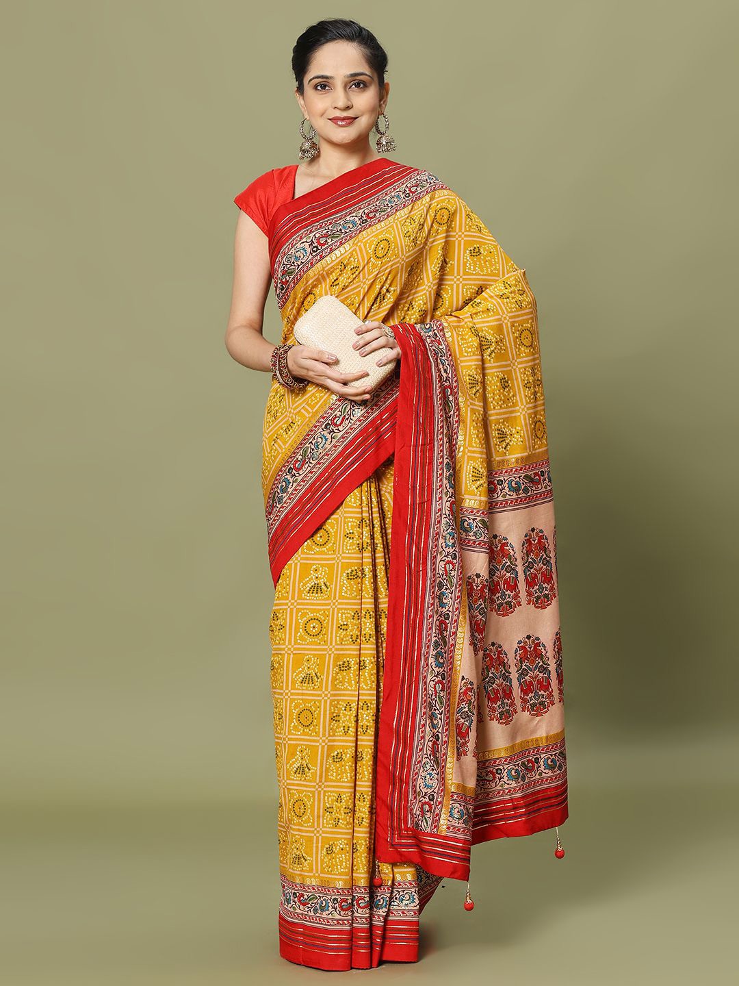 

Meena Bazaar Ethnic Motifs Printed Zari Saree, Mustard