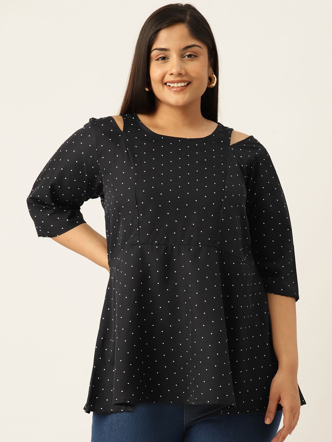 

theRebelinme Women Cut-Out Detail Polka Dot Print Peplum Longline Top, Black