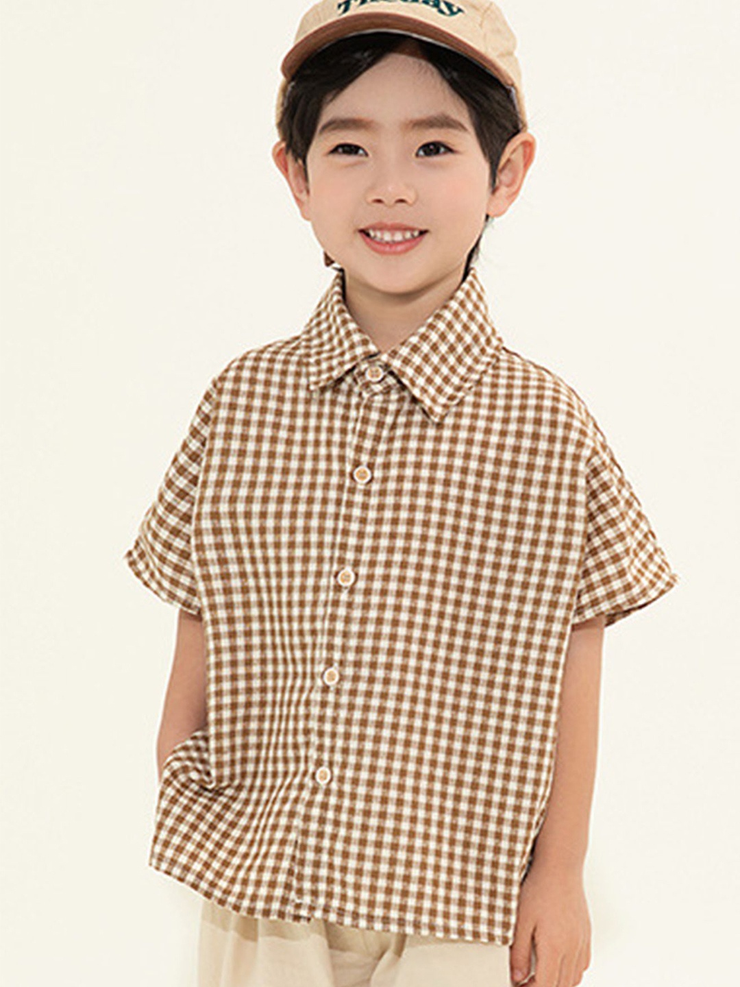 

LULU & SKY Boys Oversized Fit Spread Collar Gingham Checked Casual Shirt, Brown