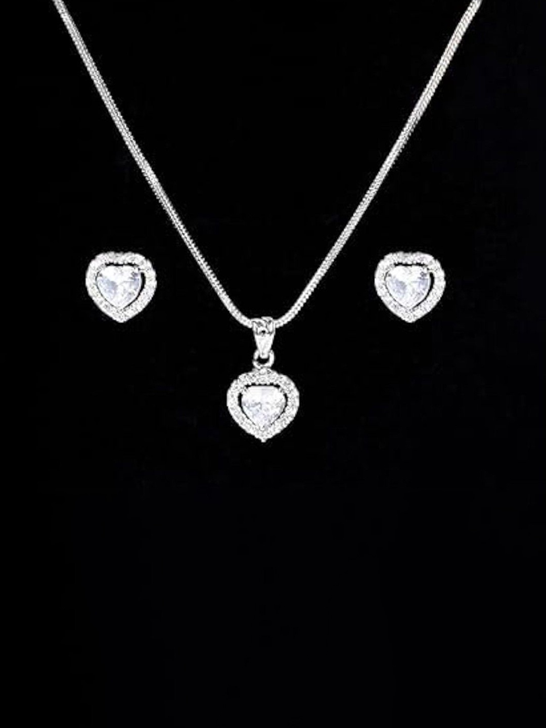

AKLINA Rhodium-Plated Cubic Zirconia Studded Heart Shaped Pendant with Chain, Silver