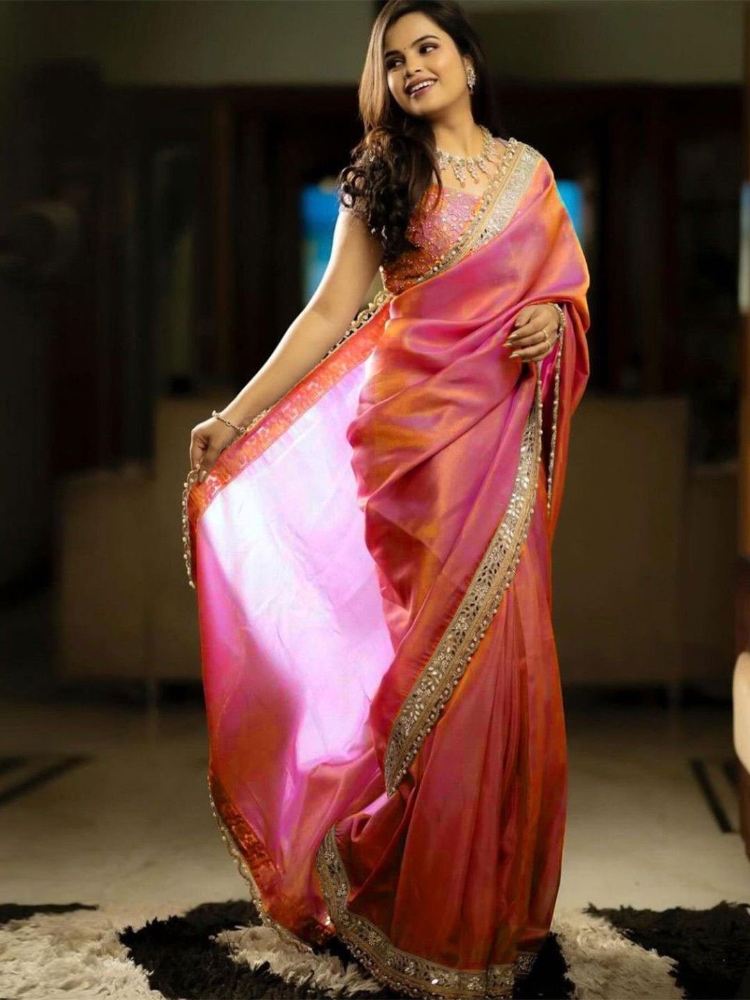 

Munir Floral Mirror Work Tissue Saree, Red